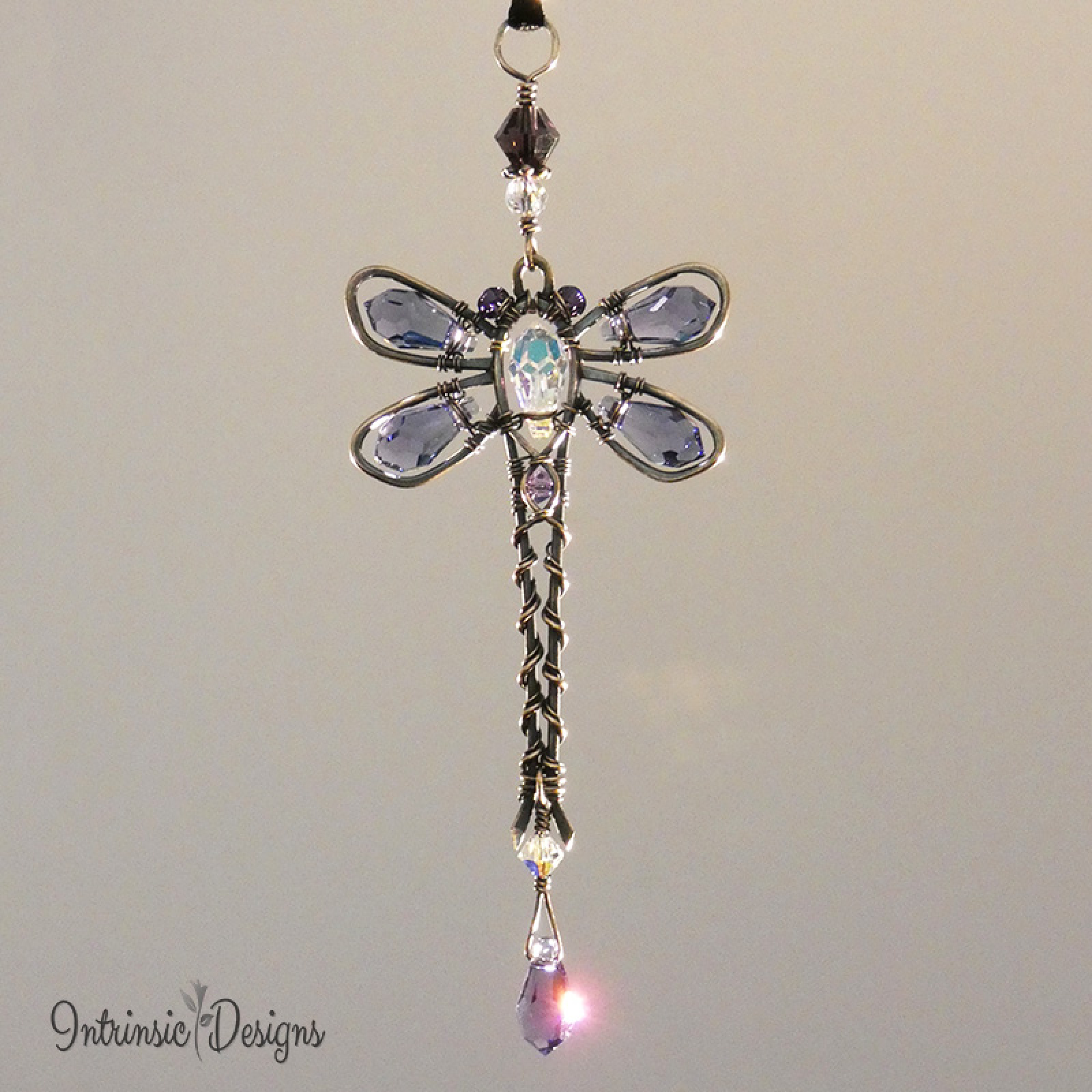 DRAGONFLY SWAROVSKI CRYSTAL CAR REARVIEW MIRROR DANGLE. ADJUSTABLE