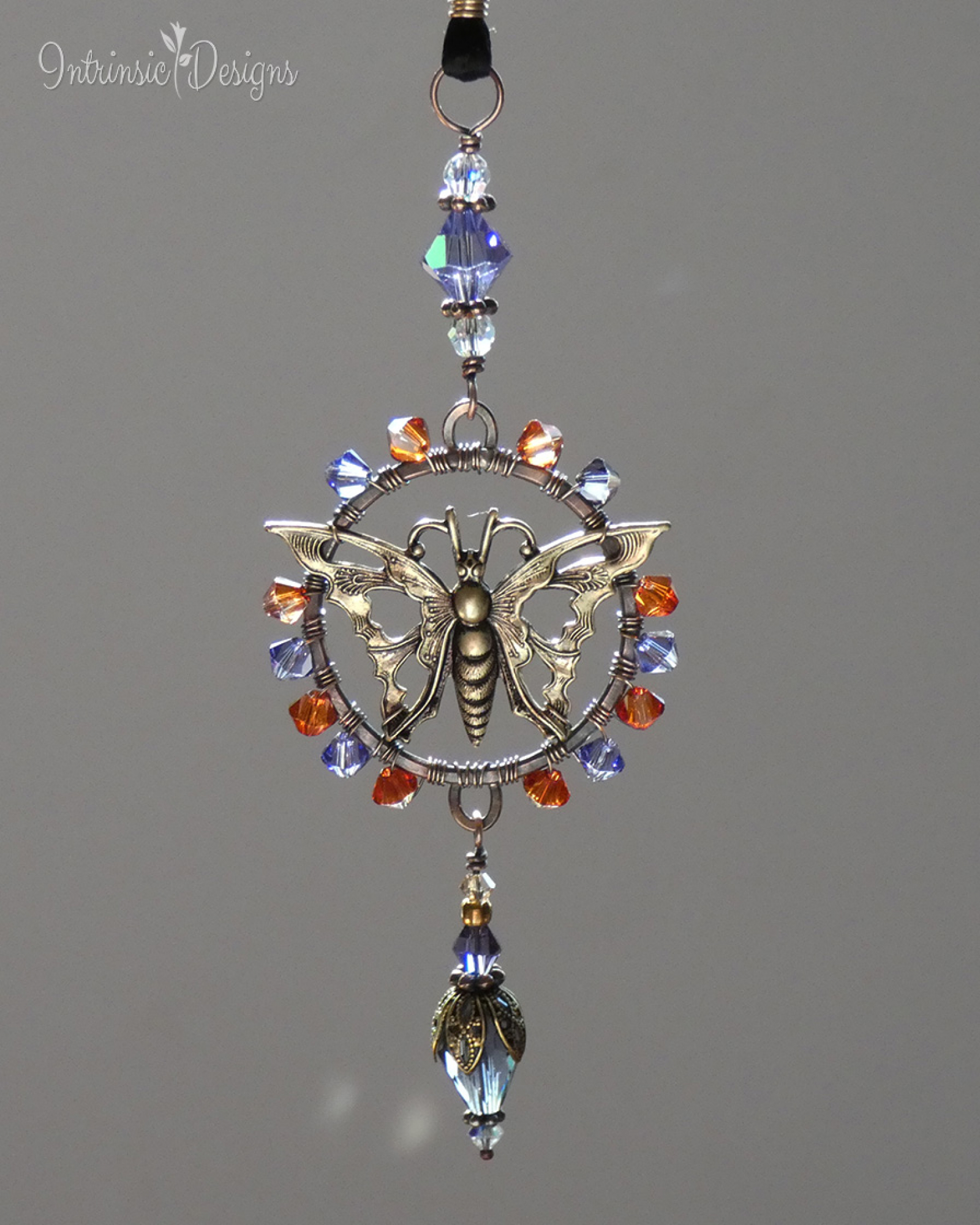 BUTTERFLY SWAROVSKI CRYSTAL CAR REARVIEW MIRROR DANGLE. ADJUSTABLE