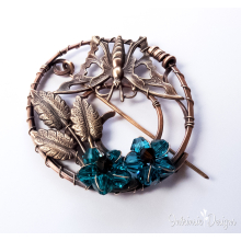 BUTTERFLY ROUND SHAWL PIN/ SWEATER PIN WITH SWAROVSKI CRYSTALS, BRASS LEAVES AND MIXED METALS