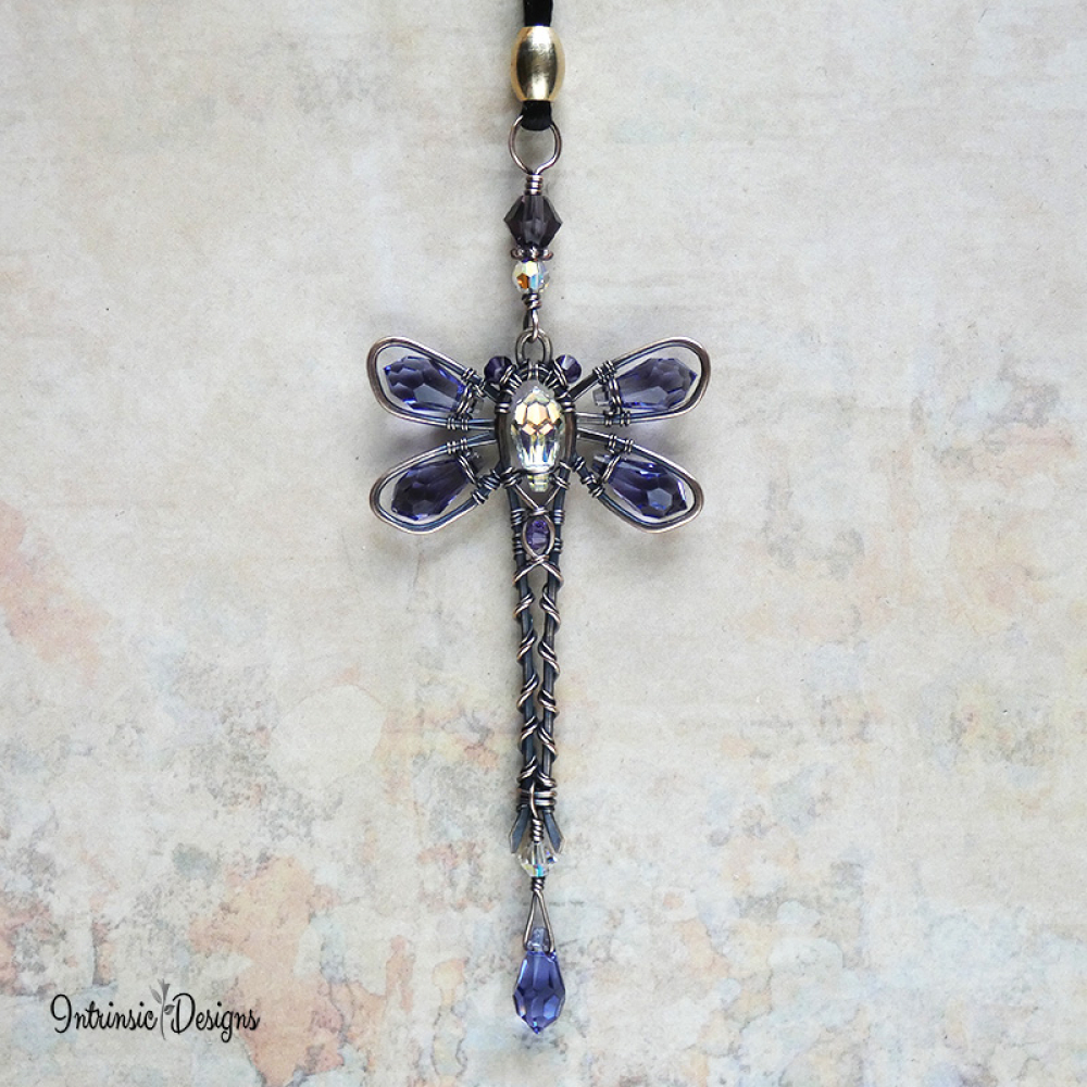 DRAGONFLY SWAROVSKI CRYSTAL CAR REARVIEW MIRROR DANGLE. ADJUSTABLE
