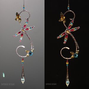 DRAGONFLY SWAROVSKI CRYSTAL WINDOW SUNCATCHER IN RED, INDICOLITE, GOLDEN YELLOW, & TOPAZ WITH MIXED METALS