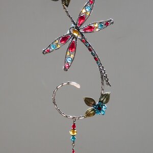 DRAGONFLY SWAROVSKI CRYSTAL WINDOW SUNCATCHER IN RED, INDICOLITE, GOLDEN YELLOW, & TOPAZ WITH MIXED METALS