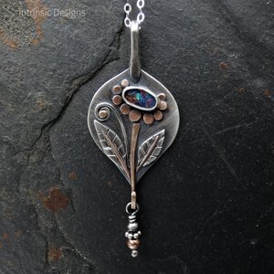 OPAL FLOWER STERLING SILVER & MIXED METAL PENDANT NECKLACE