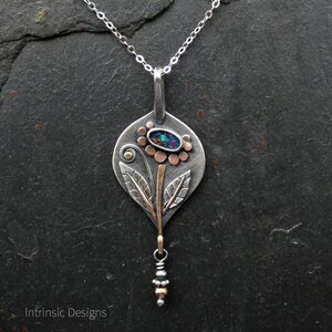 OPAL FLOWER STERLING SILVER & MIXED METAL PENDANT NECKLACE