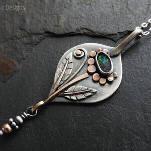 OPAL FLOWER STERLING SILVER & MIXED METAL PENDANT NECKLACE