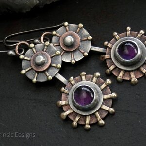 “SEA URCHIN” AMETHYST MIXED METAL EARRINGS WITH 935 ARGENTIUM SILVER EAR WIRES