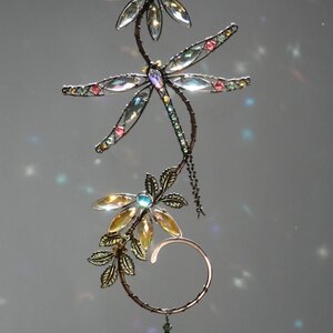 DRAGONFLY SWAROVSKI CRYSTAL WINDOW SUNCATCHER IN PEACH, GOLDEN YELLOW, TURQUOISE & GREEN WITH MIXED METALS