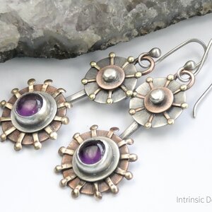 “SEA URCHIN” AMETHYST MIXED METAL EARRINGS WITH 935 ARGENTIUM SILVER EAR WIRES