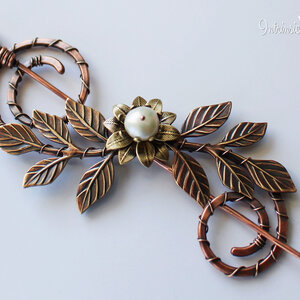 SPIRAL COPPER SHAWL PIN/ SWEATER PIN WITH A FRESHWATER PEARL AND BRASS FLOWER, BRASS LEAVES AND MIXED METALS