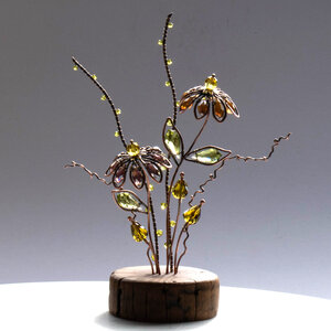 RESERVED FOR RUTHANN  ......  CONEFLOWER (Echinacea Purpurea) ON A WOOD SLICE  ... WINDOWSILL SUNCATCHER .... IKEBANA STYLE