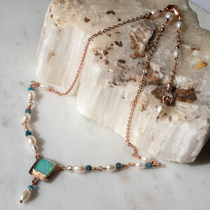 RESERVED FOR NICOLE BALANCE ... AUSTRALIAN OPAL & FRESHWATER PEARL NECKLACE WITH AN ADDED EXTENDER IN MIXED METALS.