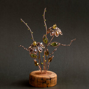 RESERVED FOR RUTHANN  ......  CONEFLOWER (Echinacea Purpurea) ON A WOOD SLICE  ... WINDOWSILL SUNCATCHER .... IKEBANA STYLE