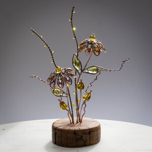 RESERVED FOR RUTHANN  ......  CONEFLOWER (Echinacea Purpurea) ON A WOOD SLICE  ... WINDOWSILL SUNCATCHER .... IKEBANA STYLE
