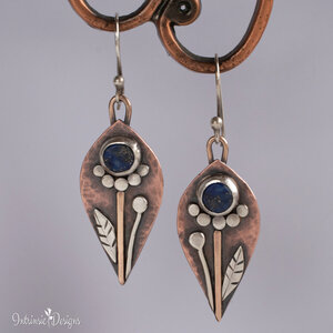 LAPIS LAZULI DANGLE FLORAL EARRINGS IN COPPER, STERLING SILVER AND BRONZE WITH STERLING SILVER EAR WIRES