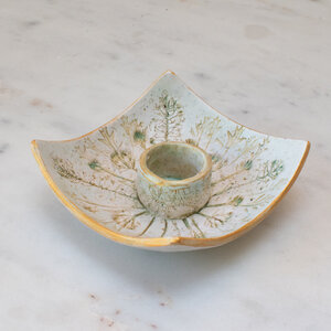 BEESWAX TAPER CANDLES WITH WILDFLOWER DISH IN MINTY SAGE GREEN