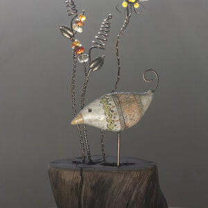 WHIMSICAL CERAMIC BIRD WITH GEMSTONE FLOWERS ON A LOG ... WINDOWSILL SUNCATCHER