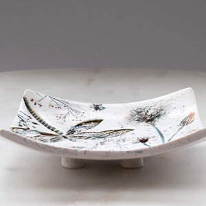 CURVED SQUARE RING DISH WITH A DRAGONFLY, DANDELIONS & LITTLE WILDFLOWERS