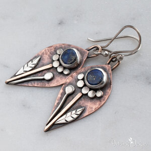 LAPIS LAZULI DANGLE FLORAL EARRINGS IN COPPER, STERLING SILVER AND BRONZE WITH STERLING SILVER EAR WIRES