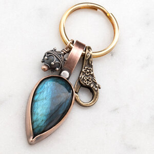 LABRADORITE AND STERLING SILVER BALI BEAD KEYRING / BAG KEY CHARM
