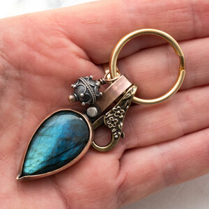 LABRADORITE AND STERLING SILVER BALI BEAD KEYRING / BAG KEY CHARM