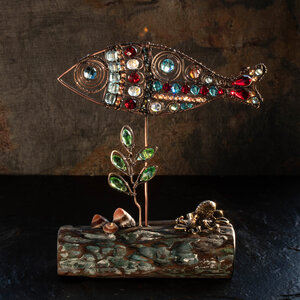 FISH, BRASS OCTOPUS AND SHELLS ON DRIFTWOOD WITH SWAROVSKI AND AUSTRIAN CRYSTALS ....  WINDOWSILL SUNCATCHER