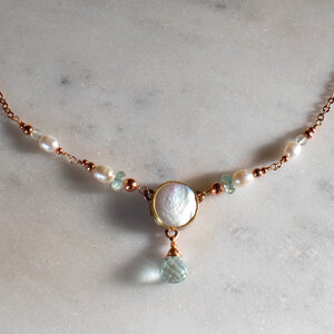 RESERVED FOR TAMMY....  FRESHWATER PEARL & AQUAMARINE PRINCESS NECKLACE IN MIXED METALS.