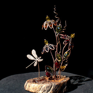 SOLD .... ECHINACEA (CONEFLOWER) BOUQUET WIITH A DRAGONFLY ON A WOOD SLICE  ... WINDOWSILL SUNCATCHER .... IKEBANA STYLE