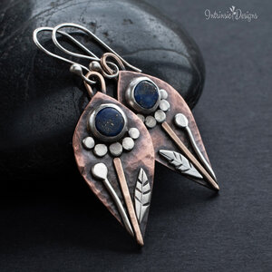 LAPIS LAZULI DANGLE FLORAL EARRINGS IN COPPER, STERLING SILVER AND BRONZE WITH STERLING SILVER EAR WIRES