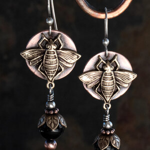 BEE AND BLACK HYPERSTHENE EARRINGS IN MIXED METALS WITH 935 ARGENTIUM SILVER EAR WIRES