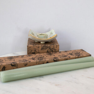 BEESWAX TAPER CANDLES WITH WILDFLOWER DISH IN MINTY SAGE GREEN