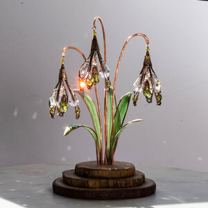 'RESERVED" BOUQUET OF CRYSTAL SNOWDROPS WITH RESIN LEAVES ON A WOOD SLICE STAND  ... IKEBANA INSPIRED WINDOWSILL SUNCATCHER
