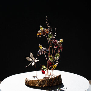 SOLD .... ECHINACEA (CONEFLOWER) BOUQUET WIITH A DRAGONFLY ON A WOOD SLICE  ... WINDOWSILL SUNCATCHER .... IKEBANA STYLE
