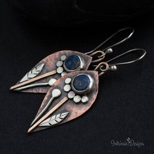 LAPIS LAZULI DANGLE FLORAL EARRINGS IN COPPER, STERLING SILVER AND BRONZE WITH STERLING SILVER EAR WIRES