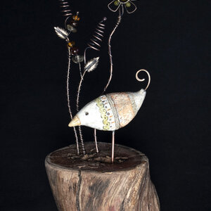 WHIMSICAL CERAMIC BIRD WITH GEMSTONE FLOWERS ON A LOG ... WINDOWSILL SUNCATCHER