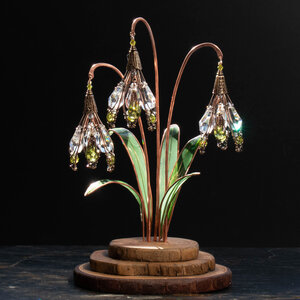 'RESERVED" BOUQUET OF CRYSTAL SNOWDROPS WITH RESIN LEAVES ON A WOOD SLICE STAND  ... IKEBANA INSPIRED WINDOWSILL SUNCATCHER