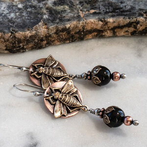 BEE AND BLACK HYPERSTHENE EARRINGS IN MIXED METALS WITH 935 ARGENTIUM SILVER EAR WIRES
