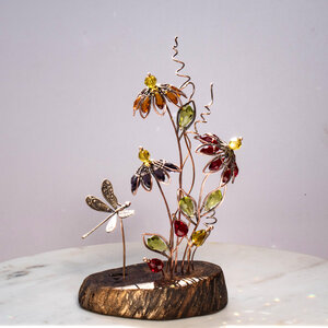 SOLD .... ECHINACEA (CONEFLOWER) BOUQUET WIITH A DRAGONFLY ON A WOOD SLICE  ... WINDOWSILL SUNCATCHER .... IKEBANA STYLE