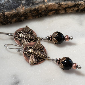 BEE AND BLACK HYPERSTHENE EARRINGS IN MIXED METALS WITH 935 ARGENTIUM SILVER EAR WIRES