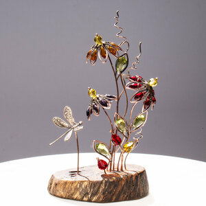 SOLD .... ECHINACEA (CONEFLOWER) BOUQUET WIITH A DRAGONFLY ON A WOOD SLICE  ... WINDOWSILL SUNCATCHER .... IKEBANA STYLE