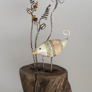 WHIMSICAL CERAMIC BIRD WITH GEMSTONE FLOWERS ON A LOG ... WINDOWSILL SUNCATCHER