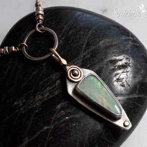 ELONGATED AUSTRALIAN SOLID OPAL STERLING SILVER AND MIXED METAL NECKLACE