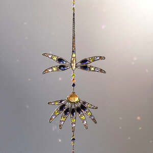 RESERVED FOR AMBER ..... DRAGONFLY AND ECHINACEA FLOWER CRYSTAL WINDOW SUNCATCHER IN COPPER & BRONZE