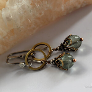 SEAFOAM FLUORITE FILIGREE EARRINGS IN MIXED METALS WITH STERLING SILVER EAR WIRES