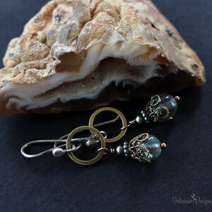 SEAFOAM FLUORITE FILIGREE EARRINGS IN MIXED METALS WITH STERLING SILVER EAR WIRES