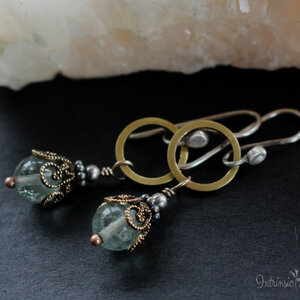 SEAFOAM FLUORITE FILIGREE EARRINGS IN MIXED METALS WITH STERLING SILVER EAR WIRES