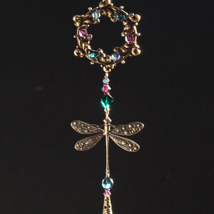 AUBERGINE, EMERALD AND MOUNTAIN BLUE DRAGONFLY SWAROVSKI CRYSTAL WINDOW SUNCATCHER WITH FLORAL FRAME