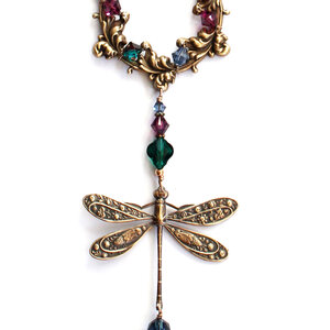 AUBERGINE, EMERALD AND MOUNTAIN BLUE DRAGONFLY SWAROVSKI CRYSTAL WINDOW SUNCATCHER WITH FLORAL FRAME