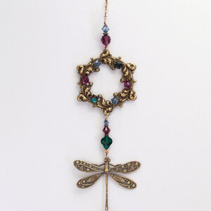 AUBERGINE, EMERALD AND MOUNTAIN BLUE DRAGONFLY SWAROVSKI CRYSTAL WINDOW SUNCATCHER WITH FLORAL FRAME