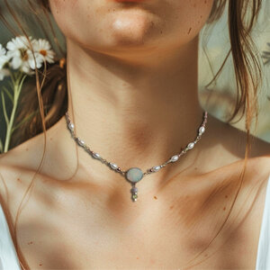 AUSTRALIAN OPAL & FRESHWATER PEARL CHOKER NECKLACE WITH AN ADDED EXTENDER IN MIXED METALS.
