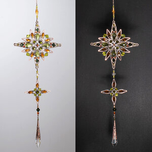ORNATE MANDALA OLIVE & AMBER CRYSTAL WINDOW SUNCATCHER IN COPPER & BRONZE